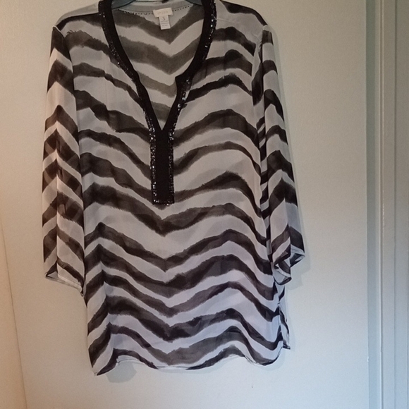 Chico's Black and White Boxy Tunic with Mandarin Collar - Picture 1 of 3